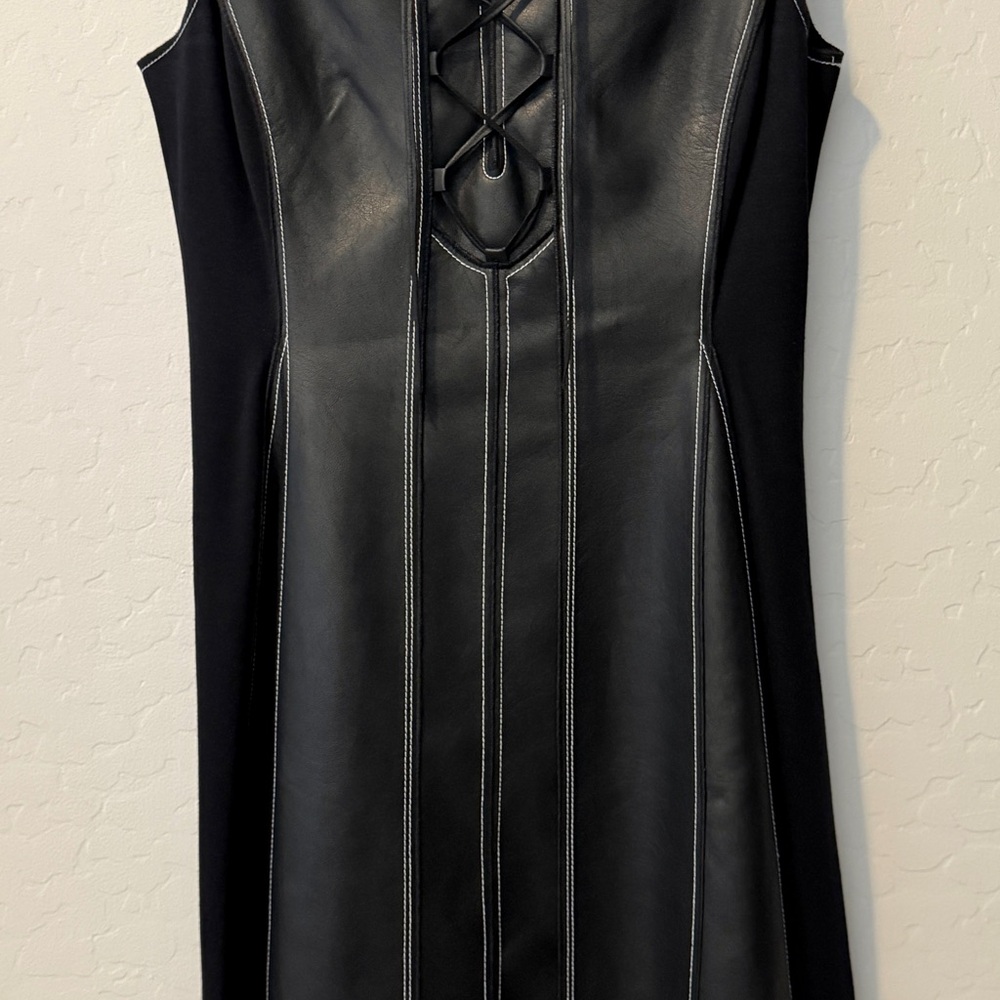 BCBGMaxAzria Faux Leather Lace Up Fit and Flare Midi Dress - Picture 3 of 4